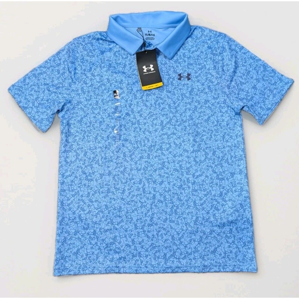 NWT Boys Under Armour Golf Shirt Polo Youth Size Large YL Blue AOP Golf Cart